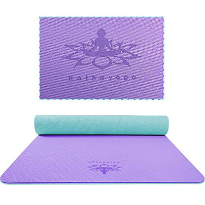 Hatha Yoga Extra Thick TPE Yoga Mat - 72"x 32" Thickness 1/2 Inch -Eco Friendly SGS Certified - With High Density Anti-Tear Exercise Bolster For Home Gym Travel & Floor Outside - color: Purple/Green