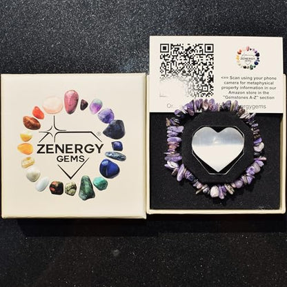 Zenergy Gems Charged Premium Natural Crystal Chip Bead Bracelet + Moroccan Selenite Charging Crystal [Included] - color: Charoite