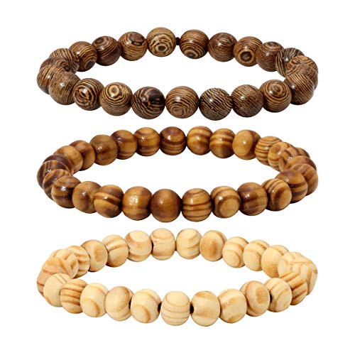 Eigso Wood Bead Bracelet Lava Rock Stone Beads Diffuser Bracelet Gemstone Aromatherapy Bracelet for Men Women - color: B: 3Pcs