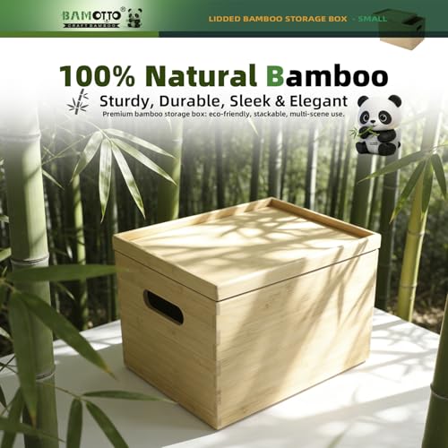 10.2”x7.3”x6.5” Lidded Storage Bins - Stackable Bamboo Box/Cube/Basket with Handles for Home Kitchen Office, Organize Tableware Clothing Toys Books