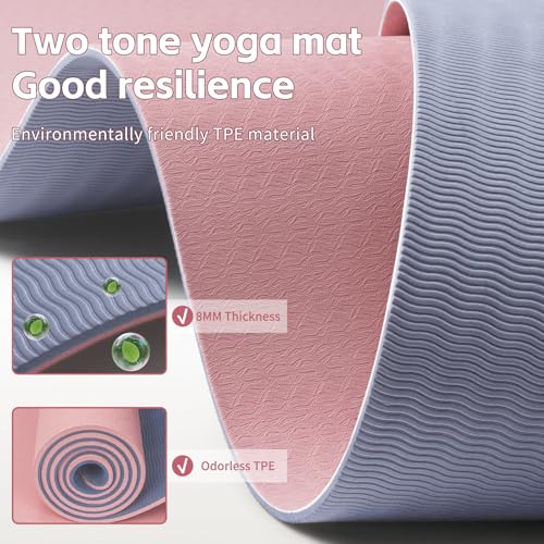 PAIDU Yoga Mat 8mm Super Thick TPE Fitness Mat | SGS Certified | Non-Slip, Odorless & Tear-Resistant | Unisex with Strap | for Yoga, Pilates, Meditation & Home Workouts - color: Deep Pink&Grey