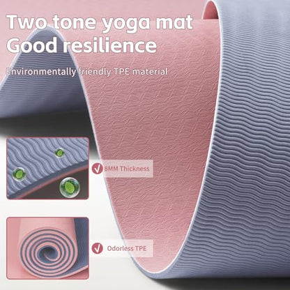 PAIDU Yoga Mat 8mm Super Thick TPE Fitness Mat | SGS Certified | Non-Slip, Odorless & Tear-Resistant | Unisex with Strap | for Yoga, Pilates, Meditation & Home Workouts - color: Deep Pink&Grey