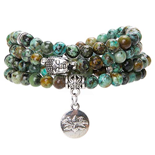 Bivei 108 Mala Beads Necklace Long Beaded Wrap Bracelets Genuine Gemstone Mala Prayer Beads Lotus Buddha Charm Yoga Meditation Necklace - color: African Turquoise-Lotus OM-Buddha