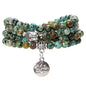Bivei 108 Mala Beads Necklace Long Beaded Wrap Bracelets Genuine Gemstone Mala Prayer Beads Lotus Buddha Charm Yoga Meditation Necklace - color: African Turquoise-Lotus OM-Buddha