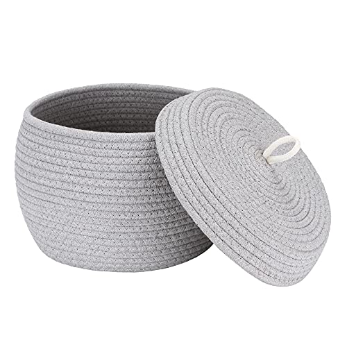 Sea Team Round Cotton Rope Storage Basket with Lid, Decorative Woven Storage Bin, Pot, Caddy, Organizer, Container for Snacks, Towels, Plants, 10 x 7.5 Inches (Small, Grey) - color: Grey, size: Small
