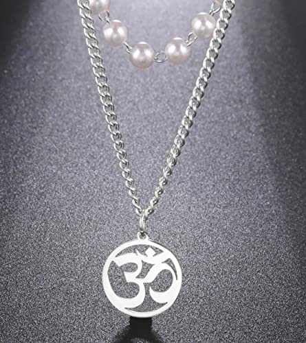 UNIFT Necklace For Women- Aum Om Ohm Sanskrit Symbol Round Pendant Beaded Double Layer Chain Charm Necklace,Hinduism Yoga Sanskrit Personalized Amulet Dainty Pendant Necklace Jewelry - color: pearl chain - silver