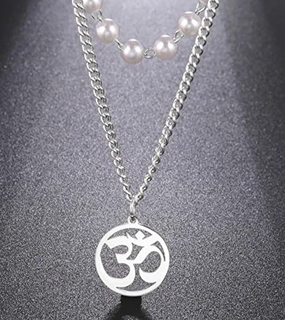 UNIFT Necklace For Women- Aum Om Ohm Sanskrit Symbol Round Pendant Beaded Double Layer Chain Charm Necklace,Hinduism Yoga Sanskrit Personalized Amulet Dainty Pendant Necklace Jewelry - color: pearl chain - silver