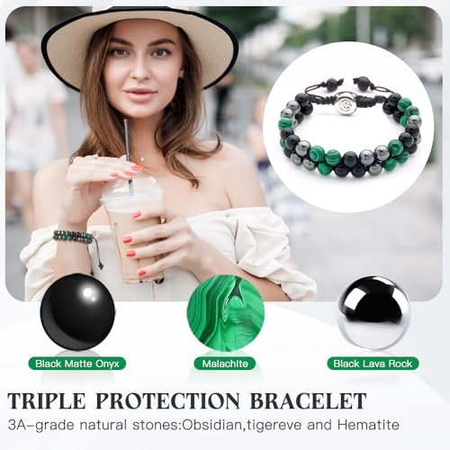 Triple Protection Bracelet - for Protect & Balance - Energy Crystal Handmade Bracelets for Men Women - color: Green