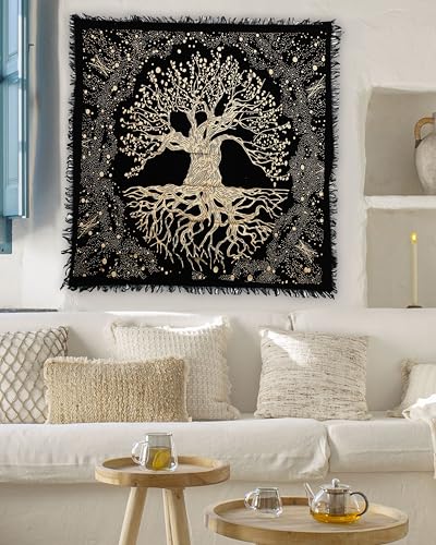 Indian Consigners Tree of Life Altar Cloth Tapestry Tablecloth Celtic Trees Ritual Spiritual Cloth for Sacred Places, Cotton Square Tarot Table Cover 36 by 36 Sacred Cloth - color: Golden Trunk Tree, size: 36" x 36" (Square)