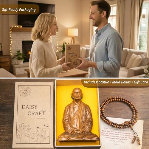 Zen Master Thich Nhat Hanh Wooden Statue with 5.5"x5.5" Oriental Carved Base, Home Altar & Meditation Decor Set