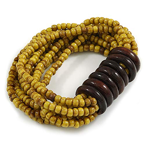 Avalaya Multistrand Dusty Yellow Glass Bead with Wooden Rings Flex Bracelet - Medium