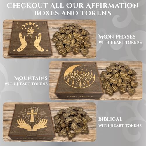Positive Affirmations Box | Moon Phase Themed Engraved Wood Box with 72 Positive Affirmation Heart Cutouts | Daily Motivational Gift for Women - style: Moon Phases & Affirmations