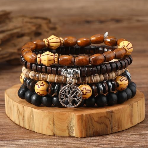 5pcs Wooden Bead Bracelet Set with Charm and Tassel for Men & Women - Stackable Boho Bracelets, Amber Color Scheme Adjustable Bracelet - color: All Brown