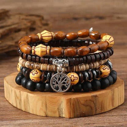 5pcs Wooden Bead Bracelet Set with Charm and Tassel for Men & Women - Stackable Boho Bracelets, Amber Color Scheme Adjustable Bracelet - color: All Brown