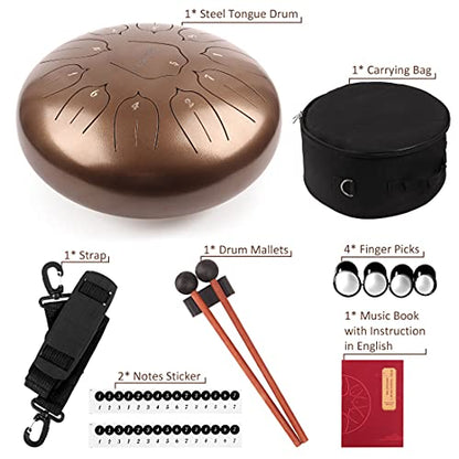 Steel Tongue Drum 12 Inch 11 Notes for Adults - Ethereal Metal Instrument for Meditation & Yoga with Music Book, Mallets & Carry Bag (Brown) - color: Brown