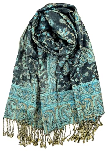 Plum Feathers Tapestry Ethnic Paisley Pattern Pashmina Shawl Scarf, Womens Pashmina Shawl Wrap with Fringes - color: Black Turquoise Floral Paisley