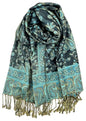 Plum Feathers Tapestry Ethnic Paisley Pattern Pashmina Shawl Scarf, Womens Pashmina Shawl Wrap with Fringes - color: Black Turquoise Floral Paisley