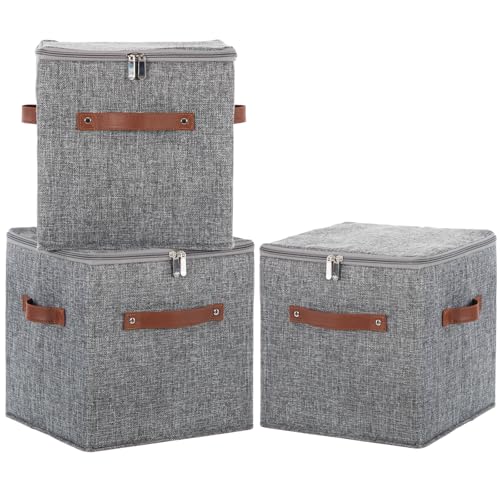 11inch Storage Boxes Cubes with Zipper Lid Collapsible Fabric Lidded Storage Bins Baskets PU Leather Handle Cotton Linen Decorative Shelf Closet Organizer Container (Gray, 3PCS) - color: Gray, size: 11 in (Set of 3)