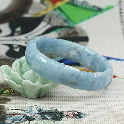 Keleny Gemstones Semi Precious 15mm Square Grain Faceted Beaded Stretch Bangle 7.5 Inch Unisex - color: Blue Aquamarine