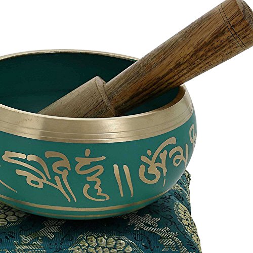 Relaxing Yoga Meditation Buddhist Tibetan Singing Bowl Set Green With Mallet | Cushion | Pillow - color: green