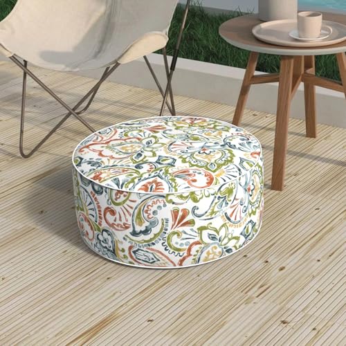Outdoor Patio Inflatable Ottoman, 21x9 Inch Portable Stool Ottoman with Handle, Round Footrest Stool for Home Garden Camping, Paisley Botanical - color: Paisley Botanical, size: 21"D x 21"W x 9"H