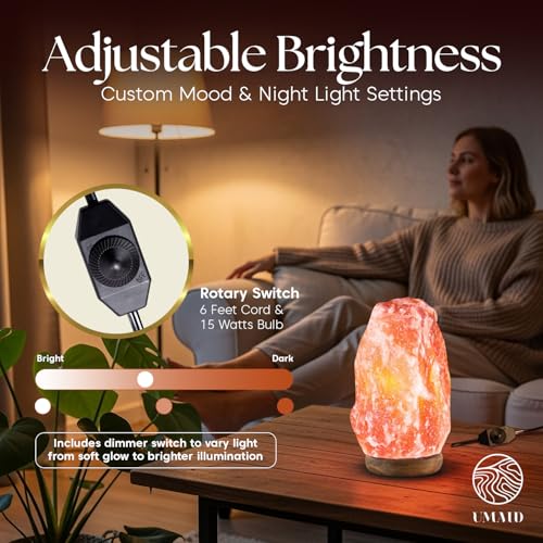 UMAID Himalayan Salt Lamp 8–10"(7–11 lb) Dimmable Pink Rock Salt Lamp with Wooden Base & Night Light Bulb, Spa Decor for Meditation Room, Massage Stones Ambiance, Desk & Bedroom,Gifts for Men & Women - style: Modern Salt Lamp