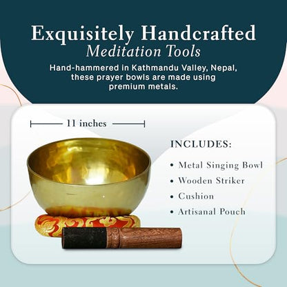 Tibetan Singing Bowl, Handcrafted Singing Bowl for Meditation, Prayer & Holistic Healing, Yoga Accessories, 11” Sound Bowl with Wooden Striker, Artisanal Pouch & Cushion - size: 11"