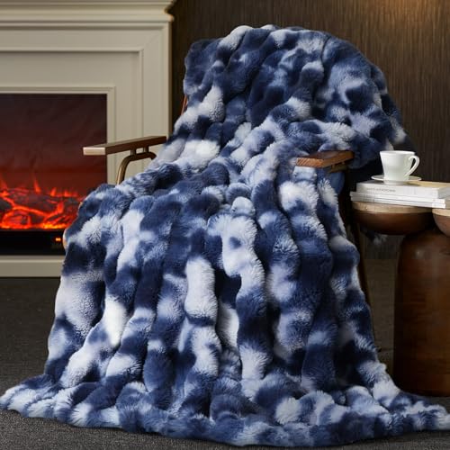 Amélie Home Faux Fur Throw Blanket for Couch, Ultra Soft Fuzzy Plush Bubble Throw for Sofa, Living Room & Home Decor, 50"x60", Tie-dye Blue - color: Tie-dye Blue, size: 50" x 60"