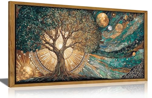 Framed Tree of Life 3D Textured Canvas Wall Art Gold Sun and Moon Cosmic Celestial Picture Wall Decor Green Large Trees Posters Mystical Starry Sky Painting Print Artwork for Living Room Bedroom - color: Tree of Life Framed, size: 32"L x 16"W