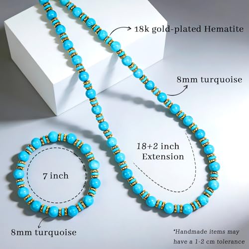 Gemstone Beaded Necklace for Women, Trendy 18K Gold Plated Hematite Natural Stone Bead Choker, Boho Handmade Summer Beach Necklaces for Women Everyday Western Jewelry Gifts - color: 01-blue