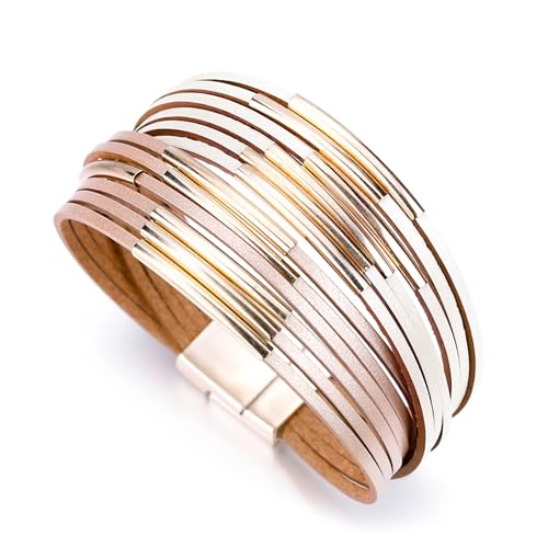 Fesciory Leather Wrap Bracelets for Women, Boho Leopard Multi-Layer Crystal Beads Cuff Bracelet Jewelry - color: Beige and Champagne