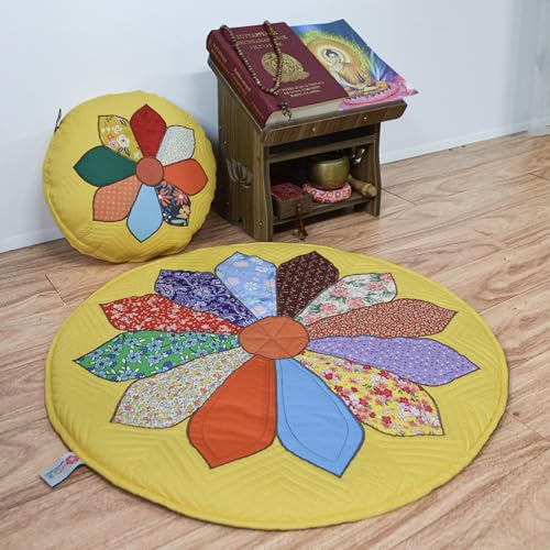 Handmade Round Area Rug with Zafu Cushion, Quilted Cotton Floral Meditation Rug, 27.5–59.1 Inch Zen Floor Rug for Yoga, Meditation & Home Decor (Yellow, 27.5 inch) - color: Yellow, size: 27.5 inch