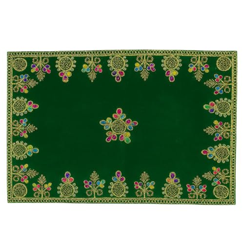 Handcrafted Velvet Puja Chowki Aasan Cloth with Rich Golden Zari Embroidery, Traditional Indian Decorative Pooja Altar Cover for Home Mandir, Temple Décor - 11x18 Inch (Green) - color: Green
