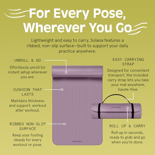 Retrospec Solana Yoga Mat Thick 1/2in Non-Slip Workout Mat with Nylon Strap - 72x24in Exercise Mat for Pilates, Stretching & Fitness - BPA Free, Easy Clean - color: Violet Haze