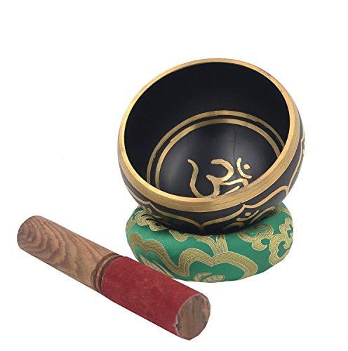 DharmaObjects Relaxing Yoga Meditation Om Peace Singing Bowl/Silk Cushion/Rosewood Mallet Set (Medium, Black) - color: Black, size: Medium