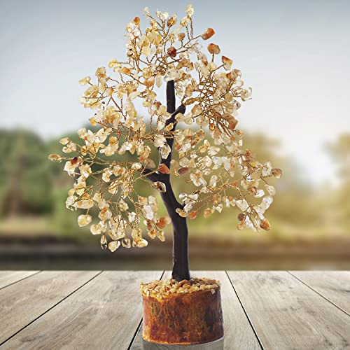 Zenfulstone Citrine Tree of Life Artificial Tree, 10-12 Inches, Wooden Base, Positive Energy, Versatile Use, Wonderful Gift - color: Citrine Golden Wire