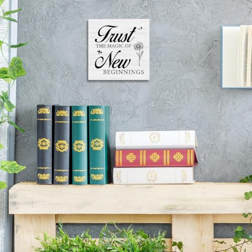 Inspirational Desk Decor for Women, Trust the Magic of New Beginnings Wood Box Sign, Small Motivational Living Room Bedroom Shelves Desk Decor Signs 5x5x1 INCH - style: Trust the Magic