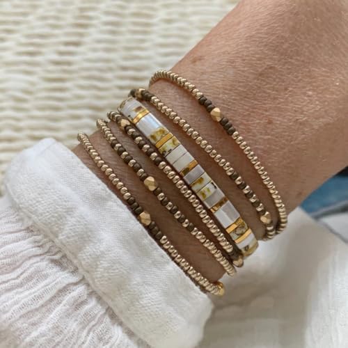Tila Flat Beaded Stretch Bracelets for Women Stackable Gold Colorful Seed Beads Boho Bracelet Stack Adjustable Rope String Friendship Jewelry Trendy Holiday Gift - color: gold and white