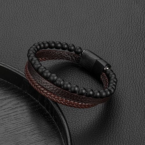 FOCOOG Leather Bead Bracelets for Men, Natural Tiger Eye Lava Rock Stone Bead Magnetic Clasp Adjustable Leather Bracelets Stress Relief Mens Anxiety Bracelet Mens Jewelry Gifts - style: Brown Leather-Matte Agate Bead