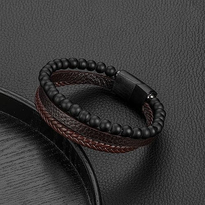 FOCOOG Leather Bead Bracelets for Men, Natural Tiger Eye Lava Rock Stone Bead Magnetic Clasp Adjustable Leather Bracelets Stress Relief Mens Anxiety Bracelet Mens Jewelry Gifts - style: Brown Leather-Matte Agate Bead