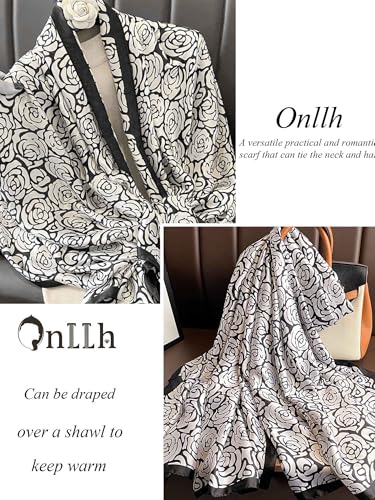 Large Shawl Scarf For Women Lightweight Wraps Silky Headscarf Long Sunscreen Scarfs - color: T25 Black and White Rose / 70"x 35"