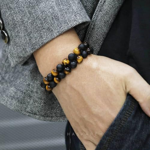Premium Tiger Eye Bracelet Gift for Men, HASKARE Energy Protection Crystal Real Tigers Eye Black Onyx Beads Bracelets, Handmade Crystal Bracelet Men Bracelets Father Christmas Gift for Him Stress Relief