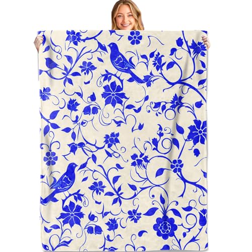 Vintage Blue Bird Floral Throw Blanket, 40x50in, Soft, Lightweight Flannel,Elegant Dark Blue Silhouette on Beige Blankets, Gifts for Women, for Classic Home Living Room Decor - color: Blue Bird, size: 40x50in