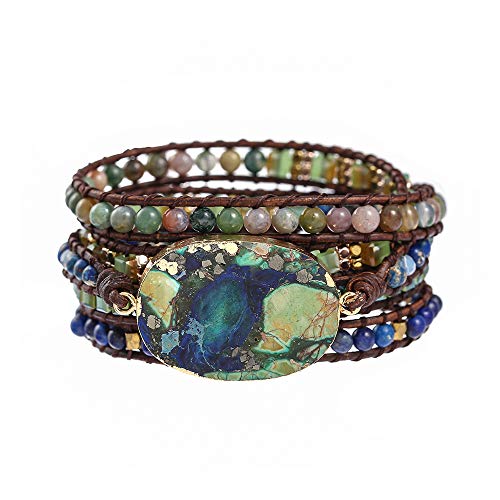 Plumiss Women Boho Handmade Natural Stone Crystal Leather Bead Wrap Bracelets Collection - style: Green Blue Jasper 5W