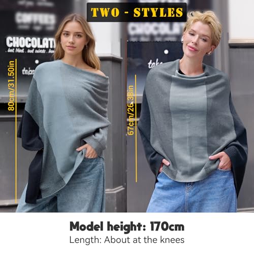 MissShorthair Knit Shawl Wraps for Women Boho Crochet Shawls Cape Open Front Cardigan - color: Gray Green Gradient Striped