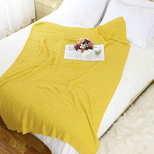 uxcell 100% Cotton Cable Knit Throw Blanket,Soft Lightweight Lap Blanket,Textured Solid Sofa Throw Couch Cover Decors Knitted Blankets, Yellow 50"x 60" - color: Yellow