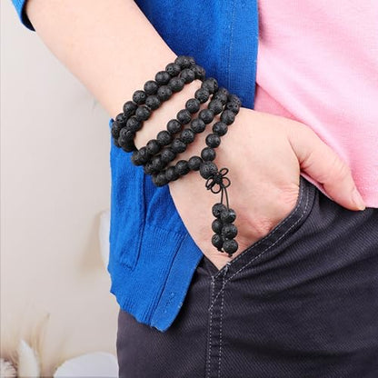 AD Beads 6mm 8mm 108 Prayer Mala Jasper Elastic Bracelet - Handmade Yoga Meditation Healing Power Energy Gifts for Unisex Adult. - color: Black Lava(Warmth)