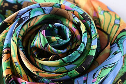 JWSilk Long Charmeuse Silk Scarf Classic Art Print - color: Turquoise