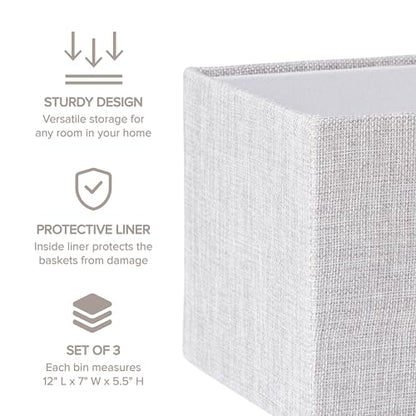 RGI Home Decorative Storage Bins, Set of 3 Rectangular Greyboard Organizer Baskets for Nursery or Child's Room, Durable and Stylish, Each 12" L x 7" W x 5.5" H, Ideal for Toys and Essentials, Gray