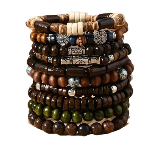 Handcrafted Wooden Bead Bracelets, Multi-Style Set with Tree of Life Charms, Brown and Green Tones